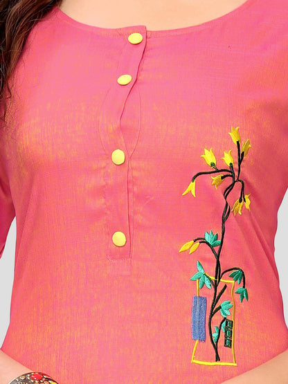 Light Pink Embroidered Rayon A-line Kurti