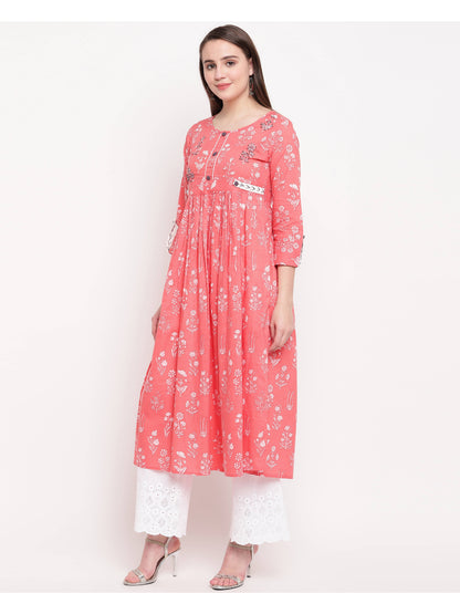 Light Pink Printed Anarkali Cotton Kurti