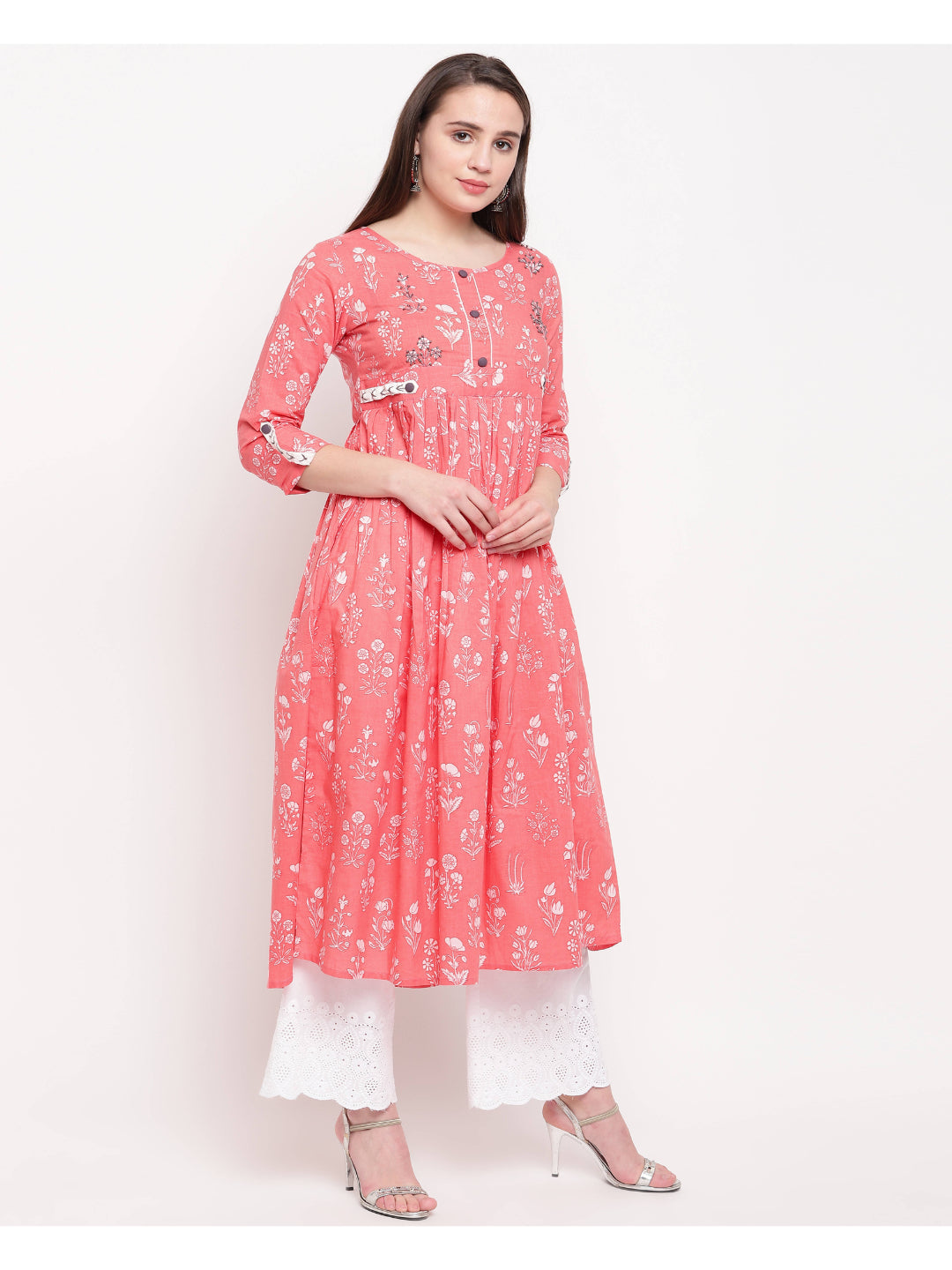 Light Pink Printed Anarkali Cotton Kurti