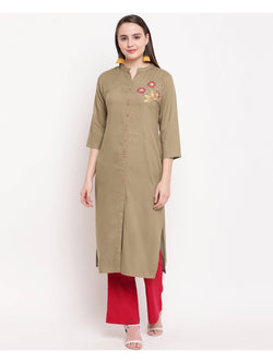 Beige Embroidered Straight Rayon Kurti