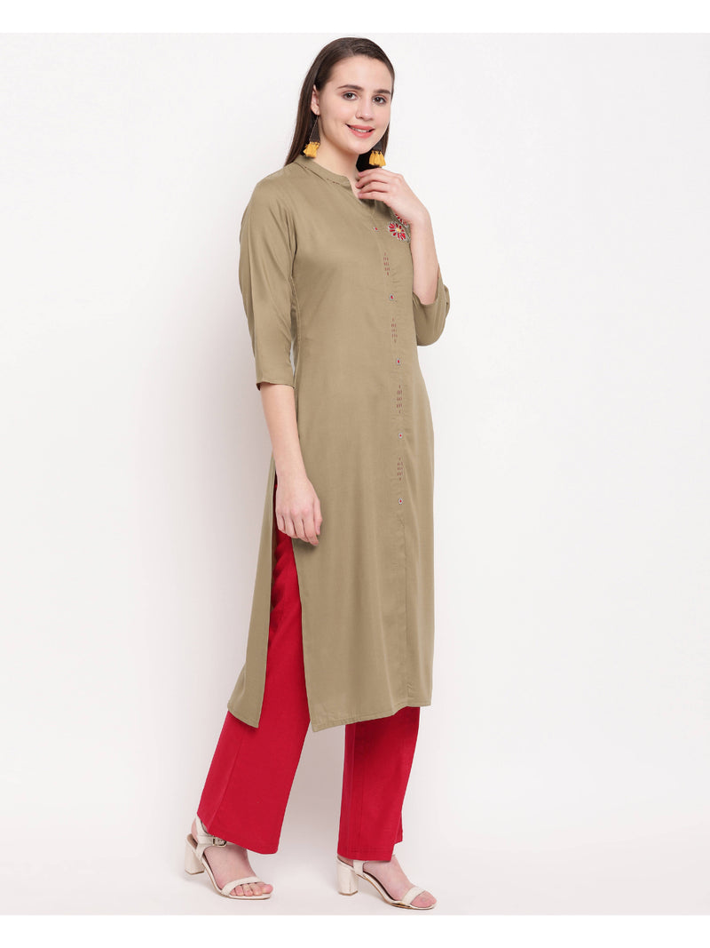 Beige Embroidered Straight Rayon Kurti