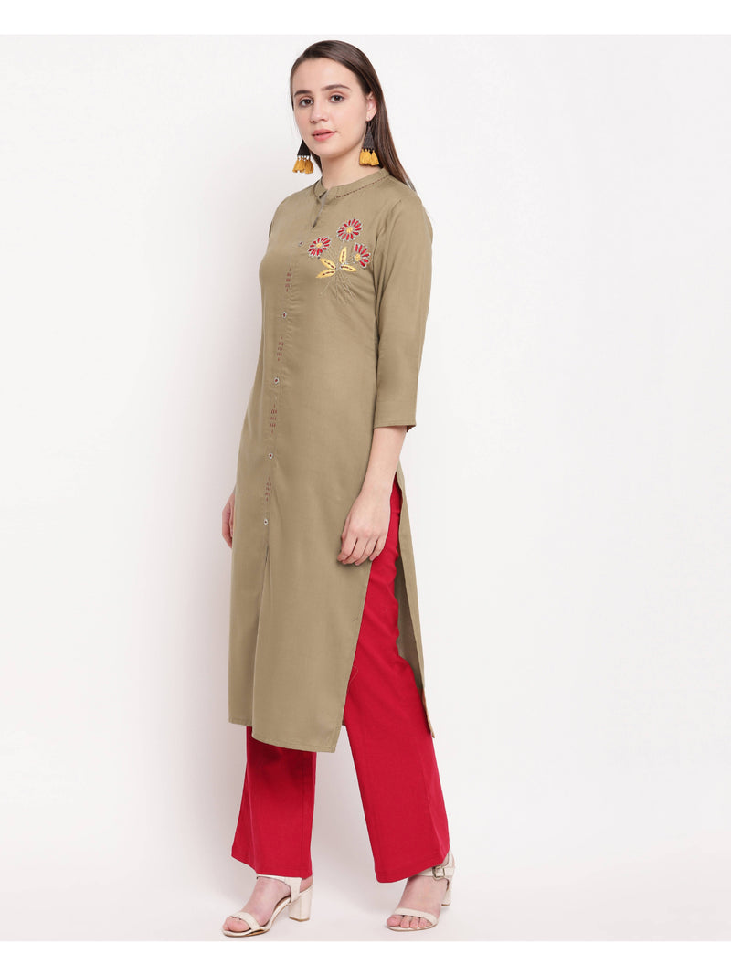 Beige Embroidered Straight Rayon Kurti