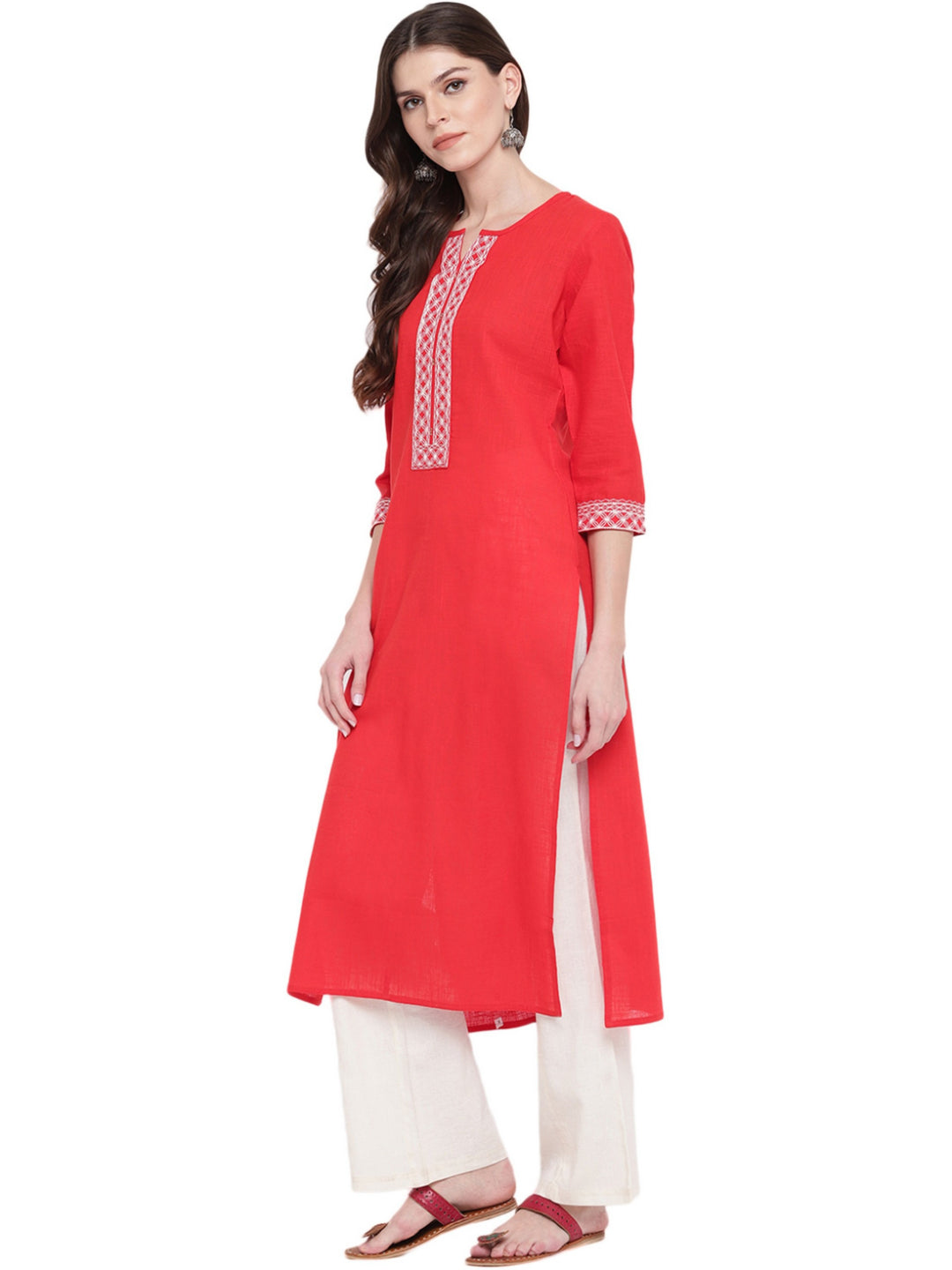 Red Solid Straight Cotton Kurti