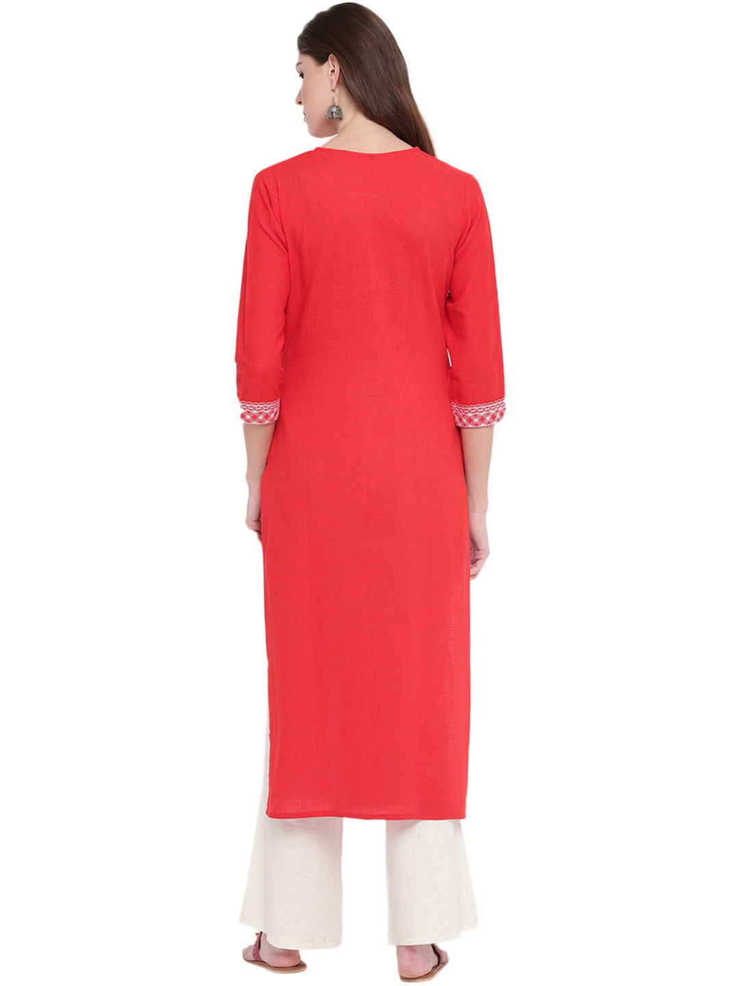 Red Solid Straight Cotton Kurti