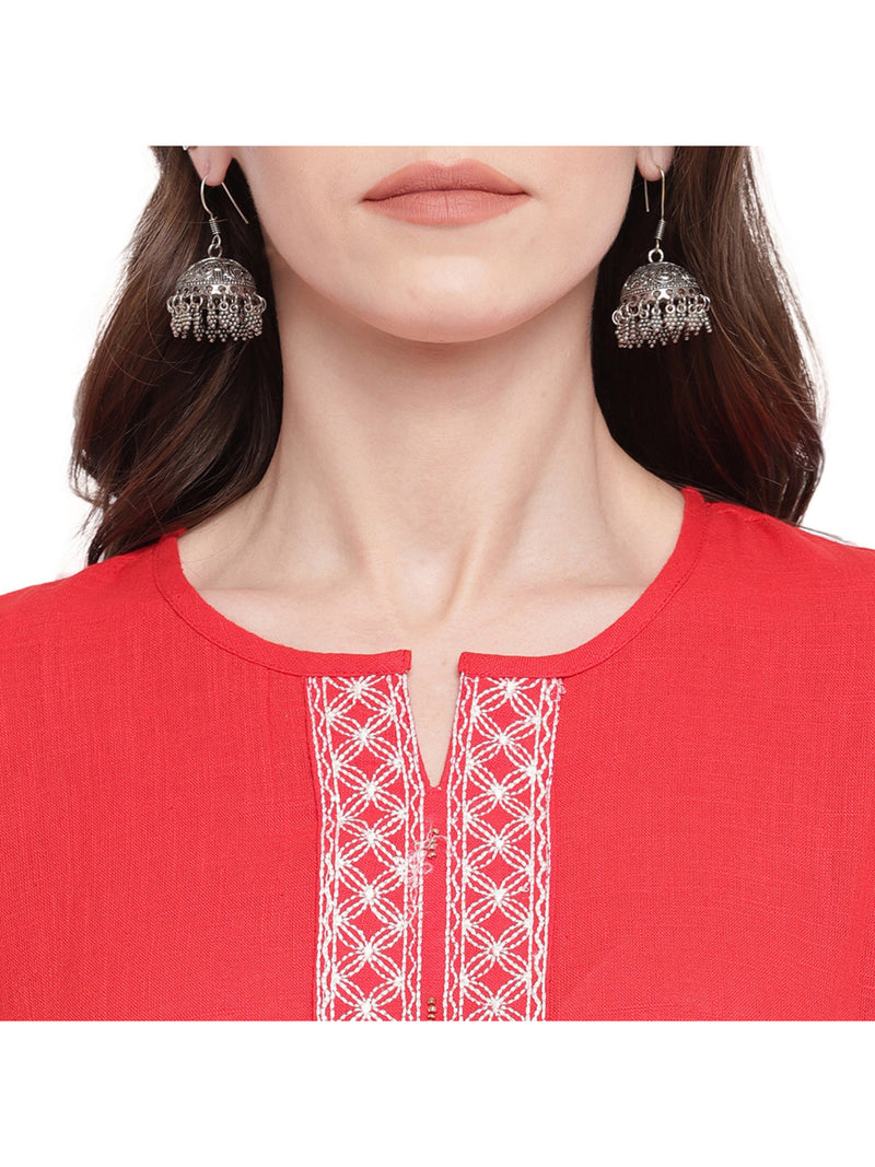 Red Solid Straight Cotton Kurti