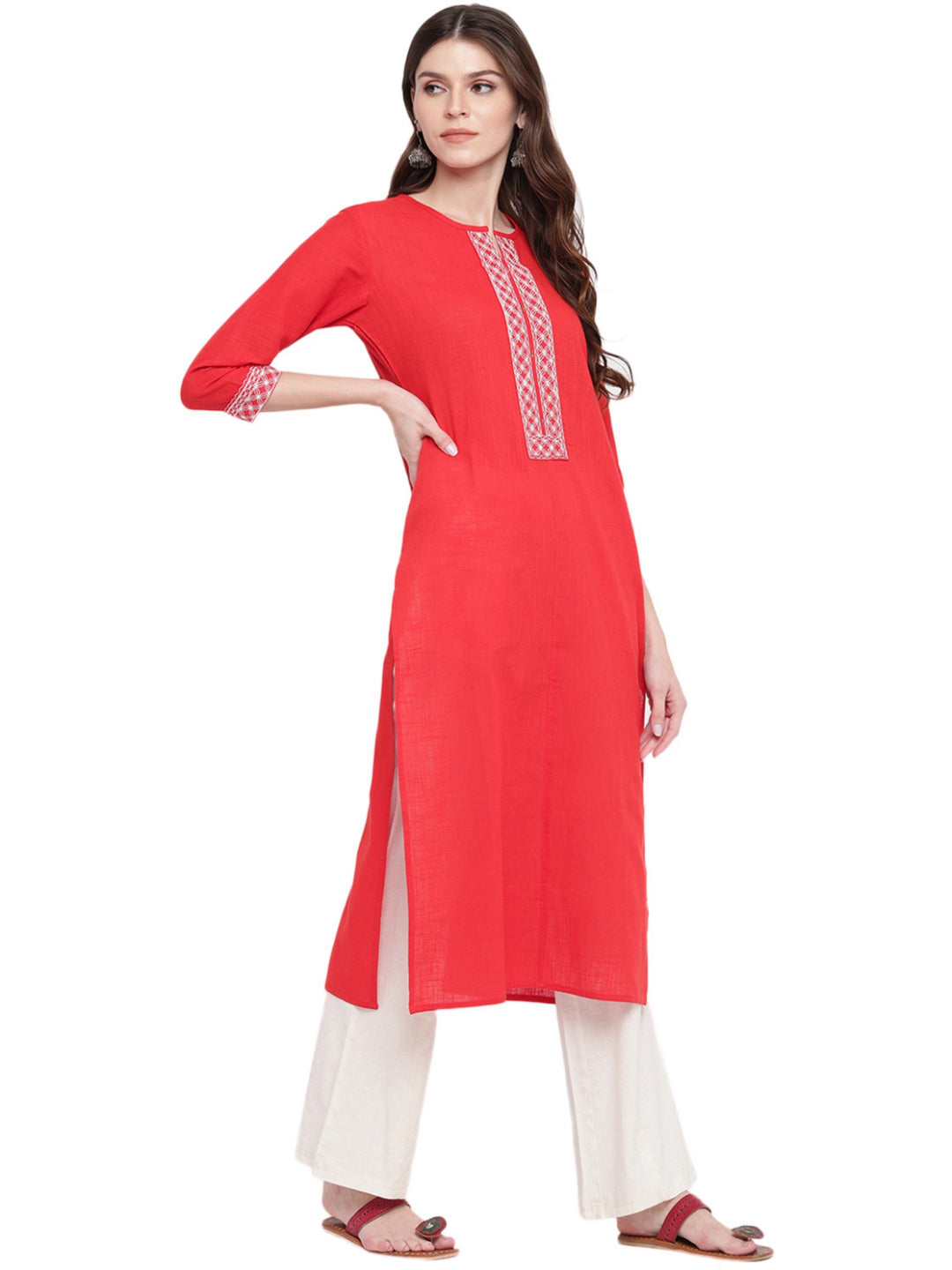 Red Solid Straight Cotton Kurti
