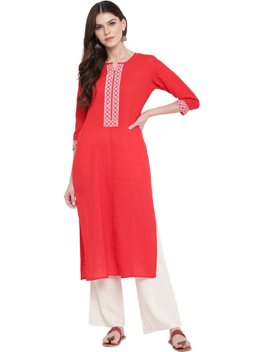 Red Solid Straight Cotton Kurti