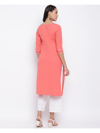 Peach Embroidered Straight Cotton Kurti