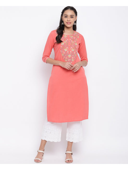 Peach Embroidered Straight Cotton Kurti