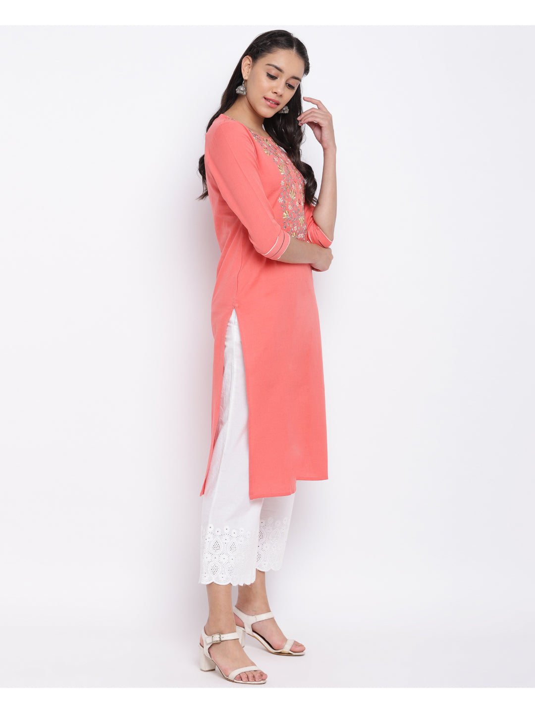 Peach Embroidered Straight Cotton Kurti