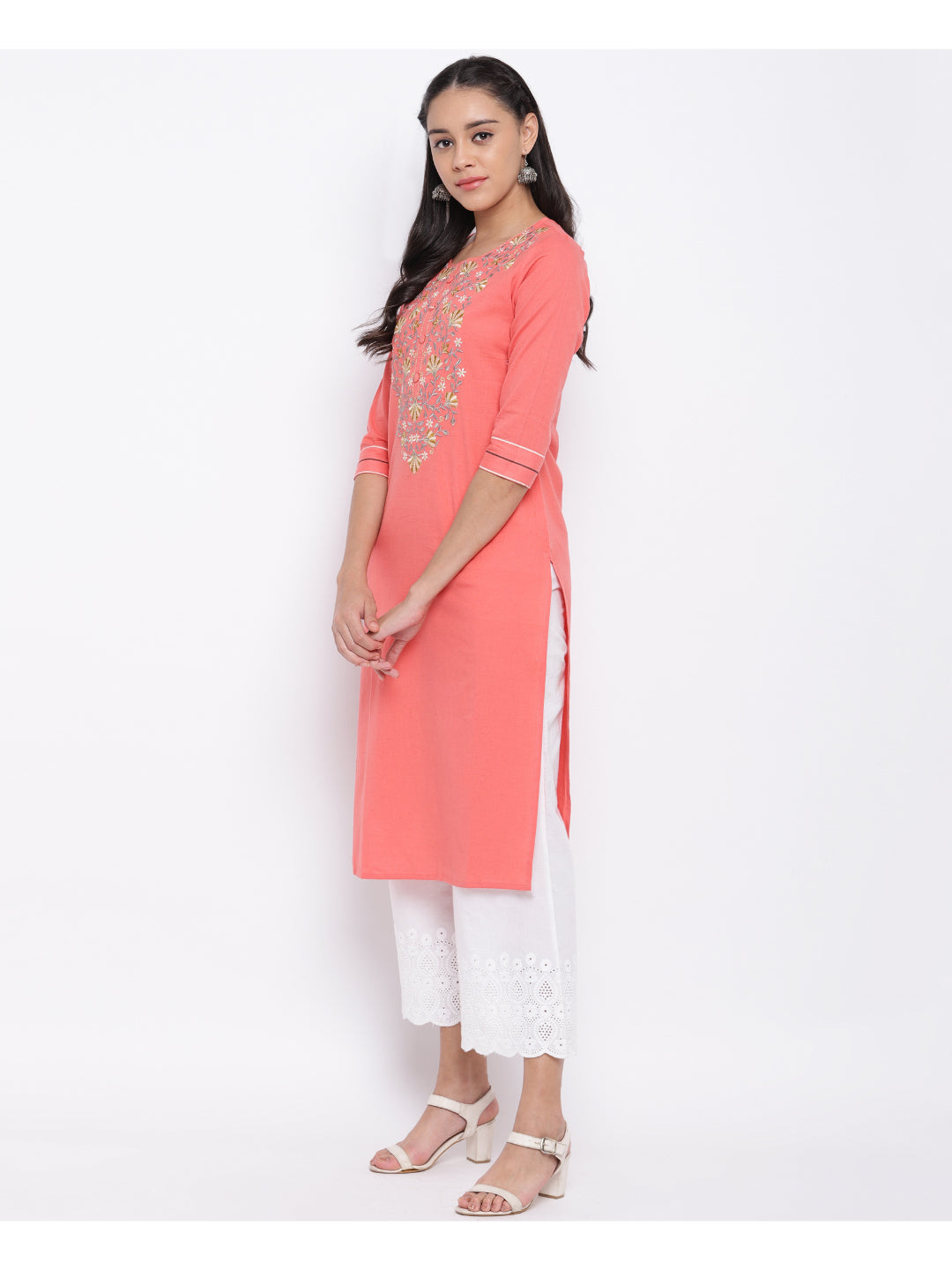 Peach Embroidered Straight Cotton Kurti