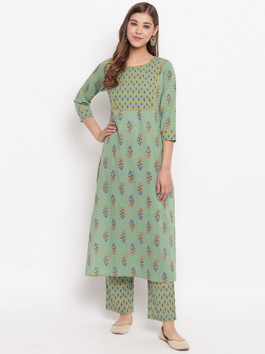 Pista Printed Straight Cotton Kurti Set