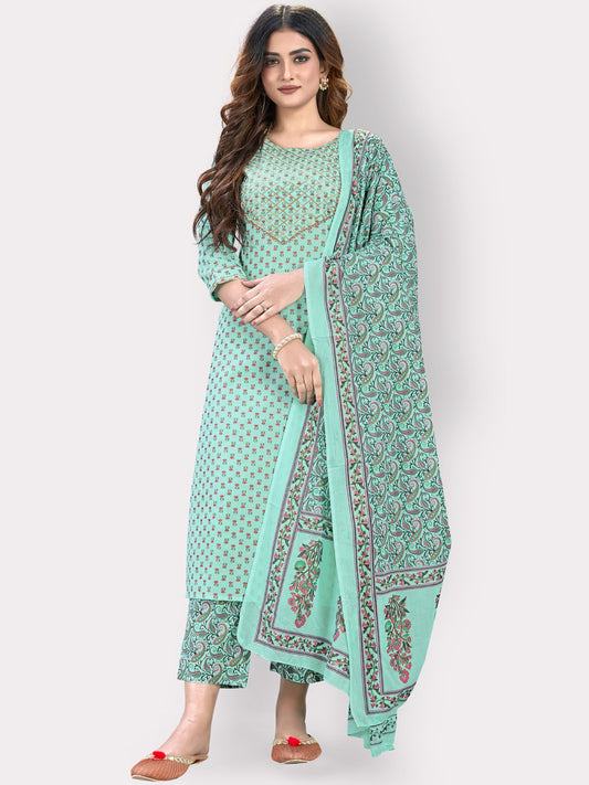 Turquoise Straight Cotton Kurta Set