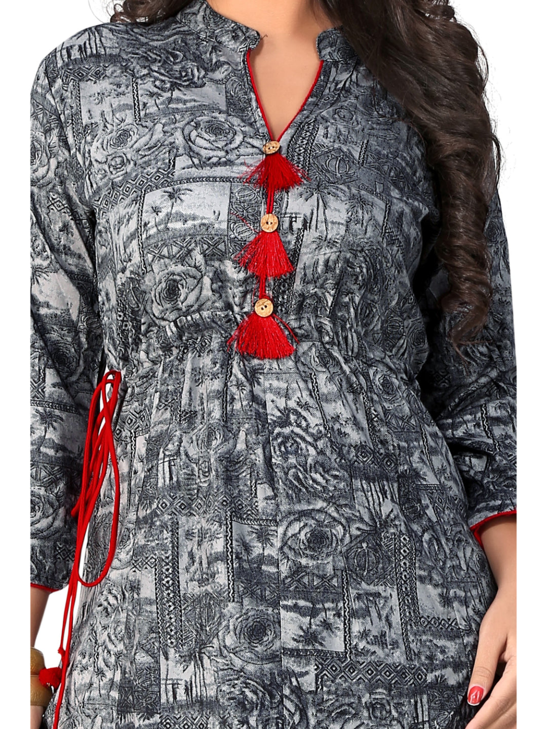 Grey Printed Rayon A-line Kurti