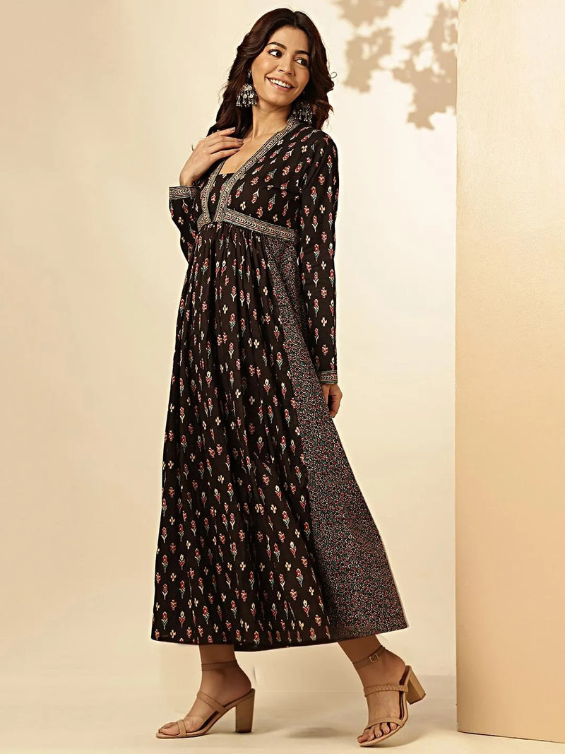 Black Floral Print With Lace Work Cotton Dress