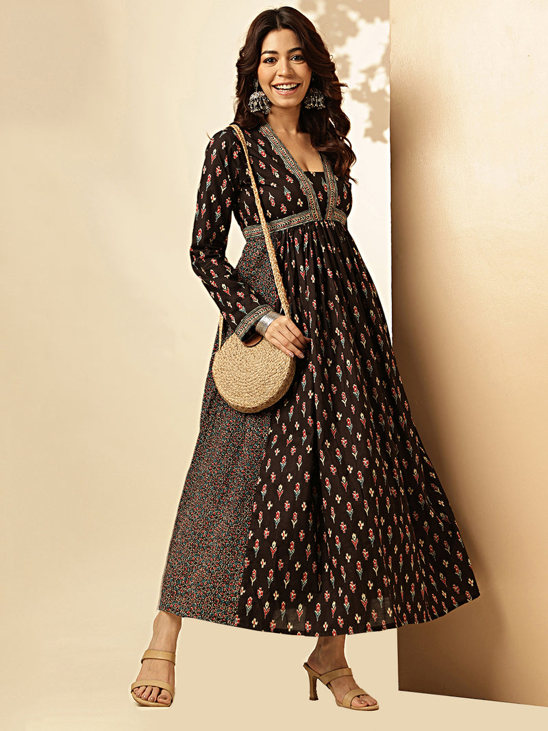 Black Floral Print With Lace Work Cotton Dress