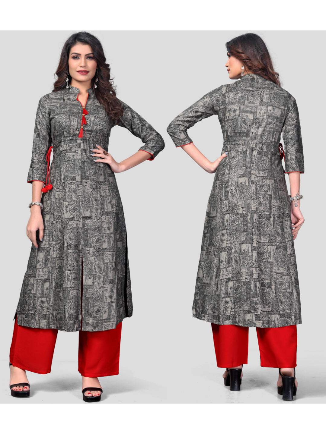 Grey Printed Straight Rayon Kurti