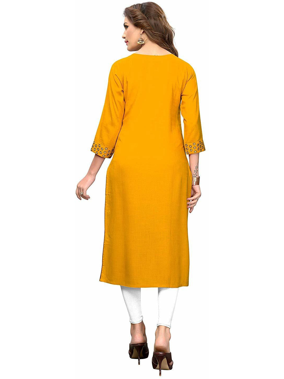 Yellow Embroidered Rayon Straight Kurti