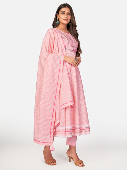 Baby Pink Embroidered Anarkali Cotton Kurta Set