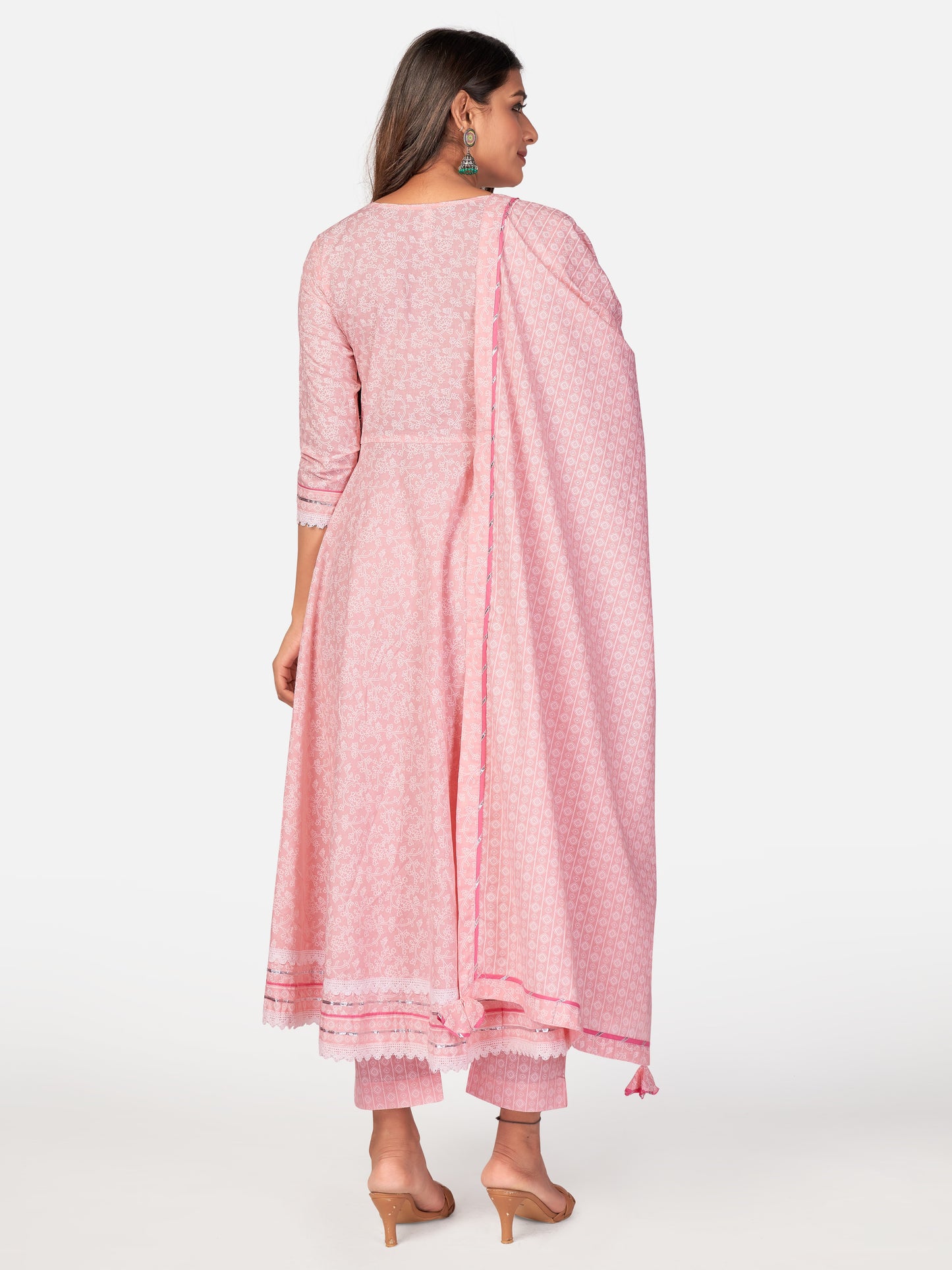 Baby Pink Embroidered Anarkali Cotton Kurta Set