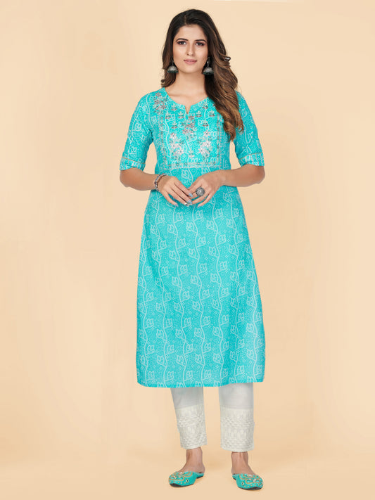 Sky Blue Embroidered Straight Cotton Kurta