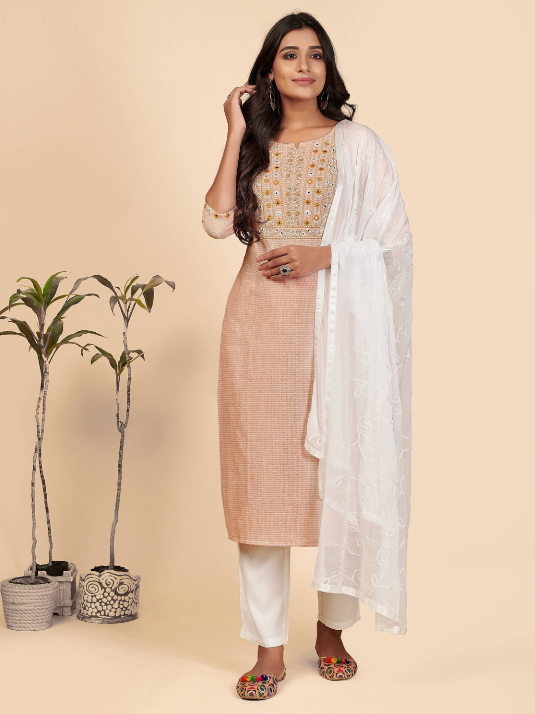 Orange Embroidered Straight Cotton Kurta Set