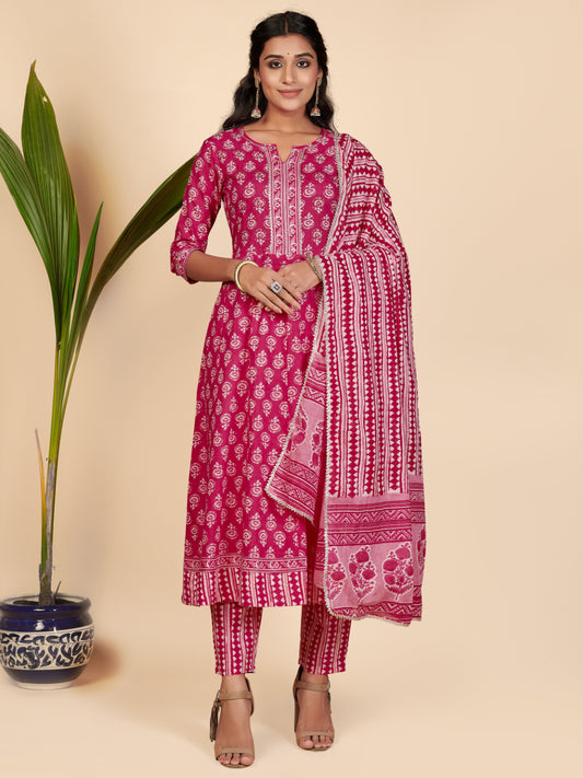 Pink Embroidered Anarkali Cotton Kurta Set