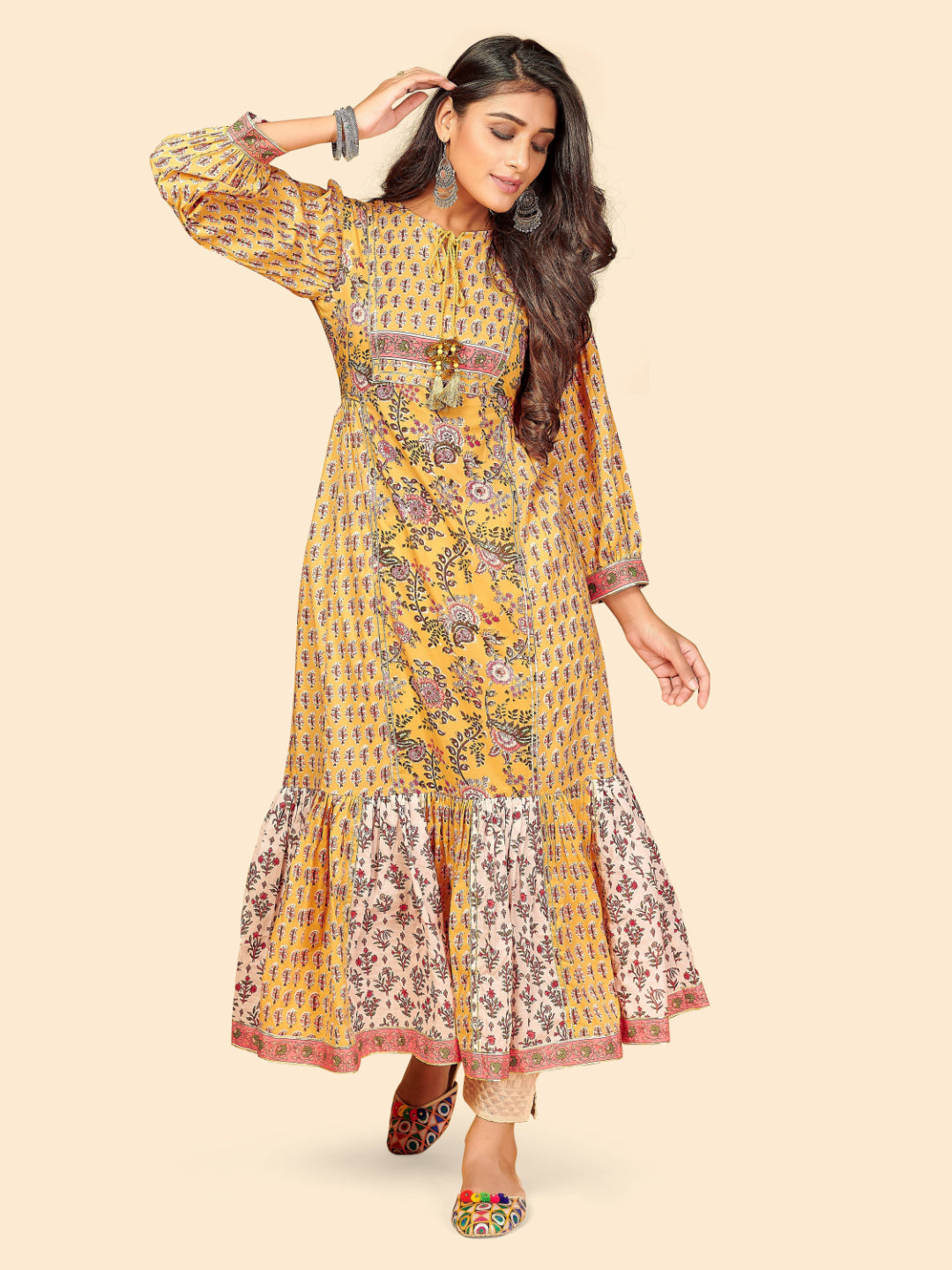 Yellow Embroidered Frill Cotton Kurta