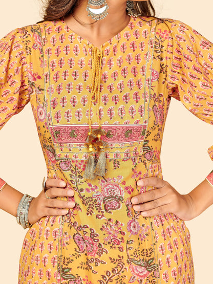 Yellow Embroidered Frill Cotton Kurta