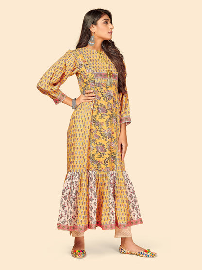 Yellow Embroidered Frill Cotton Kurta