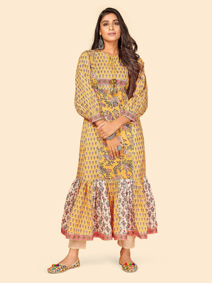 Yellow Embroidered Frill Cotton Kurta