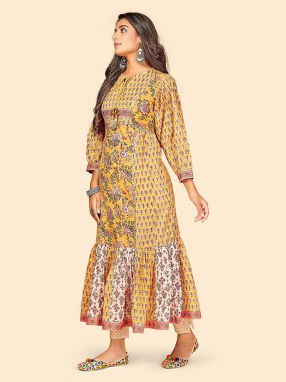 Yellow Embroidered Frill Cotton Kurta