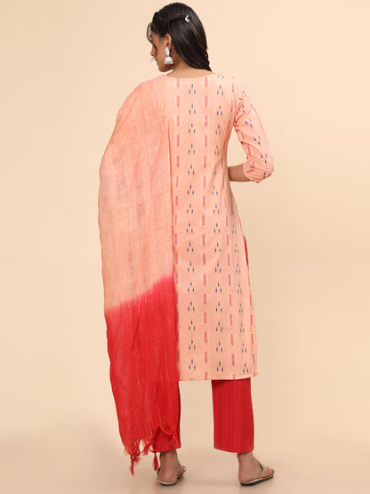 Peach Embroidered Straight Cotton Kurta Set