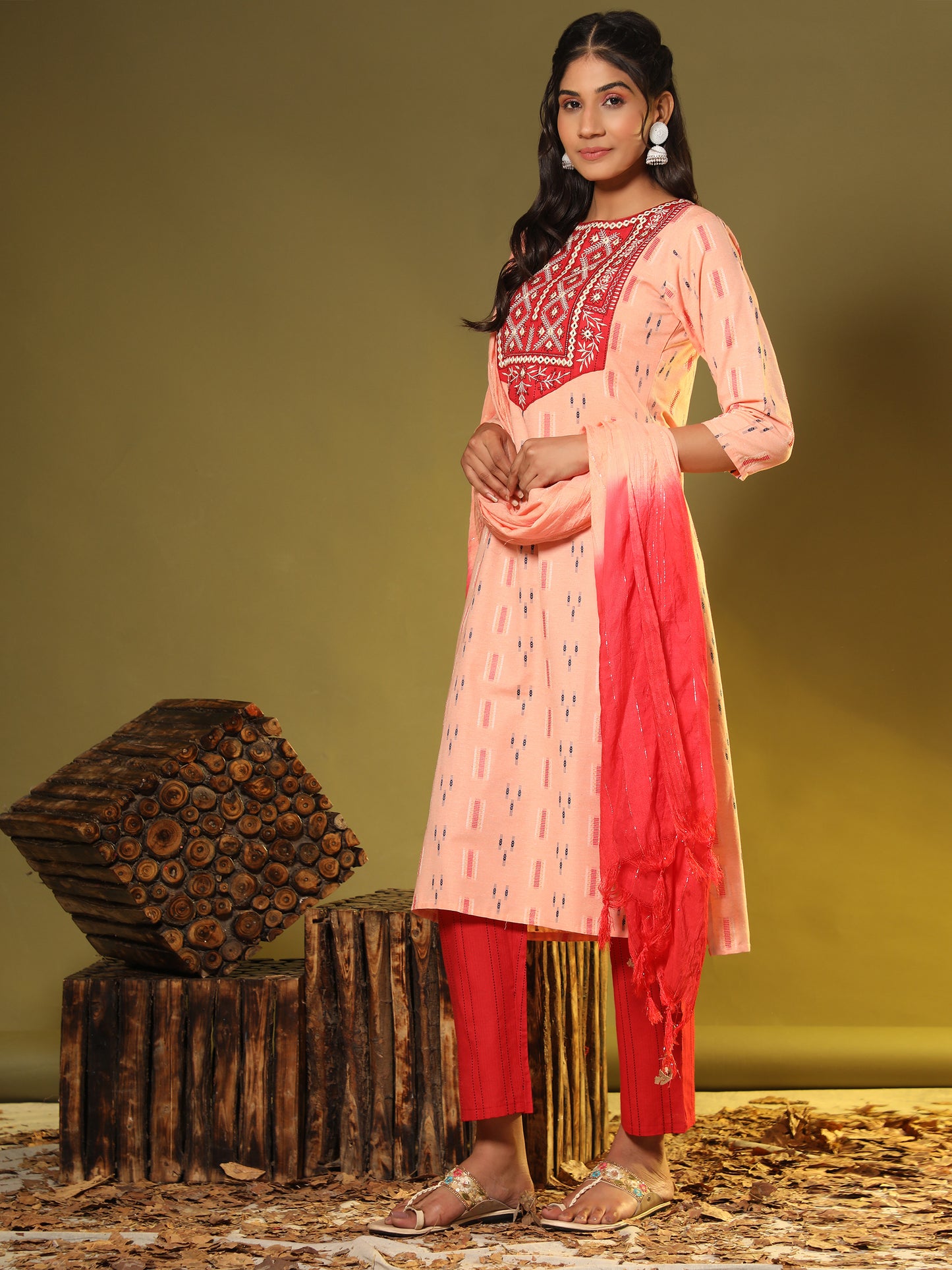 Peach Embroidered Straight Cotton Kurta Set