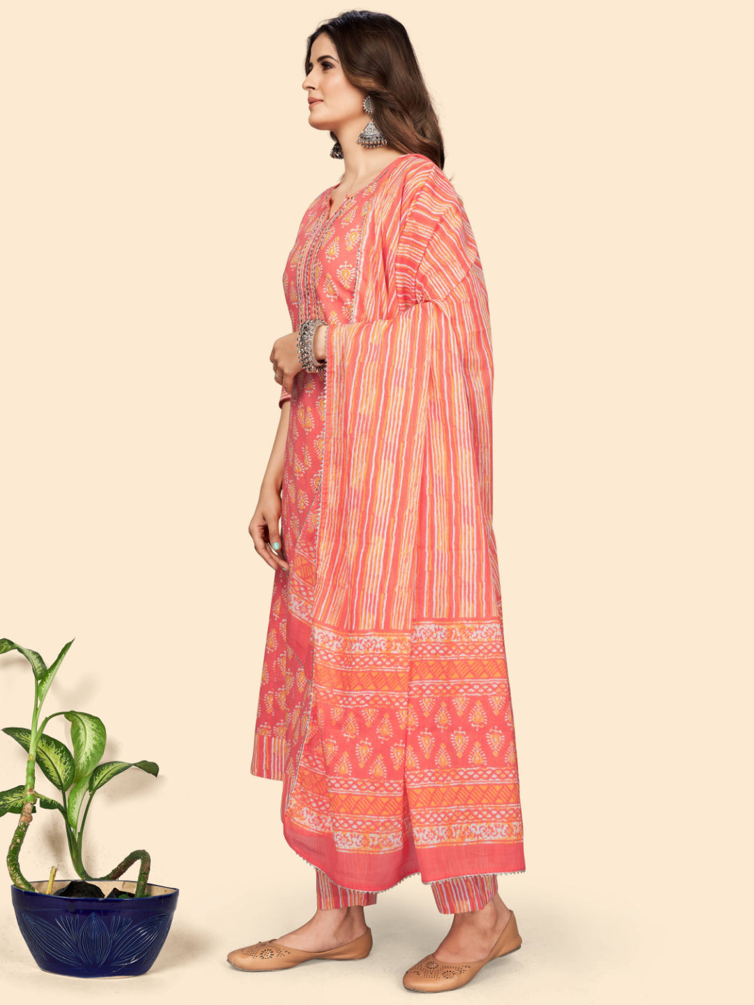 Coral Anarkali Cotton Kurta Set