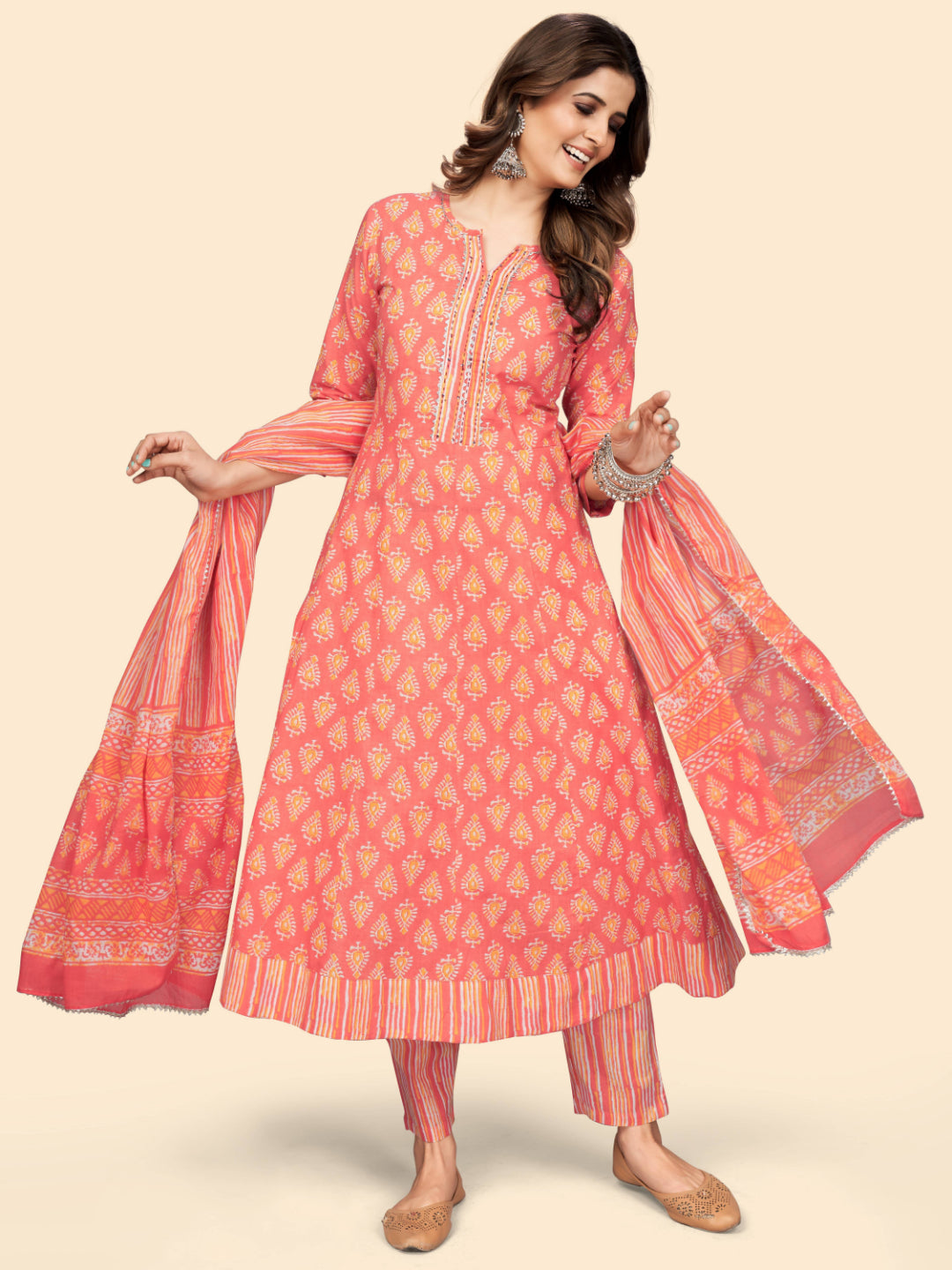 Coral Anarkali Cotton Kurta Set