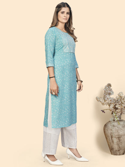 Sky Blue Embroidered Straight Cotton Kurta