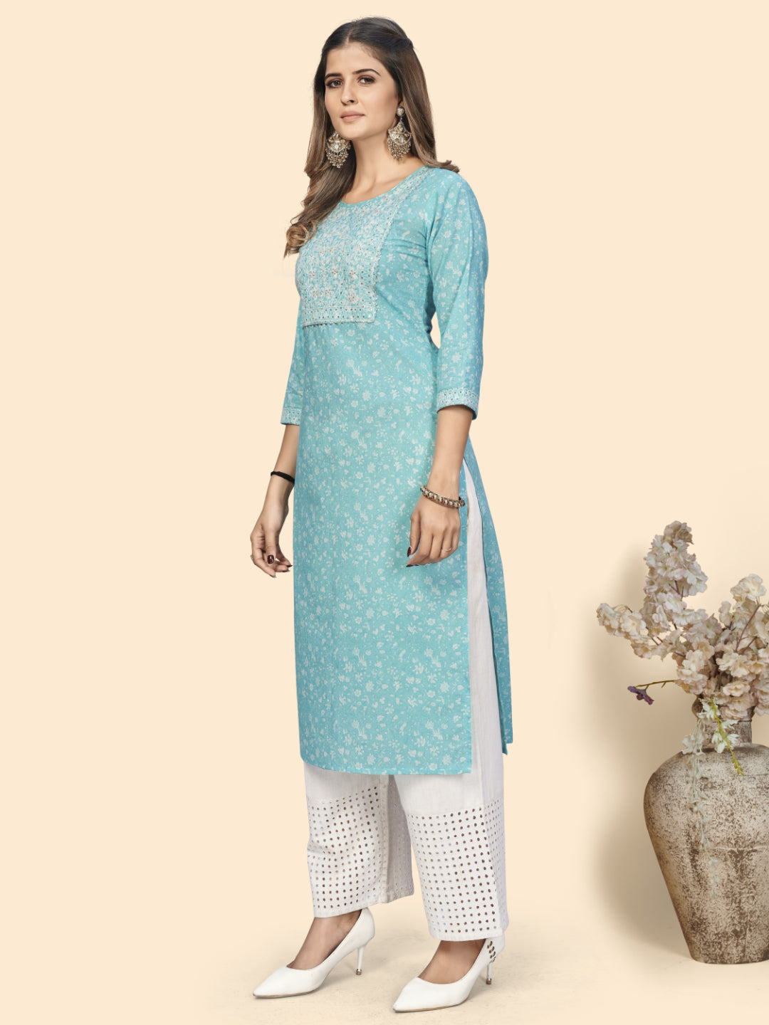 Sky Blue Embroidered Straight Cotton Kurta