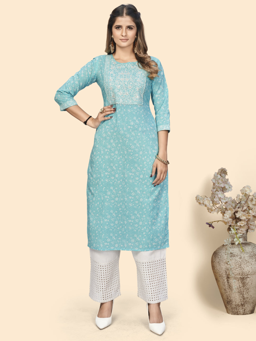 Sky Blue Embroidered Straight Cotton Kurta