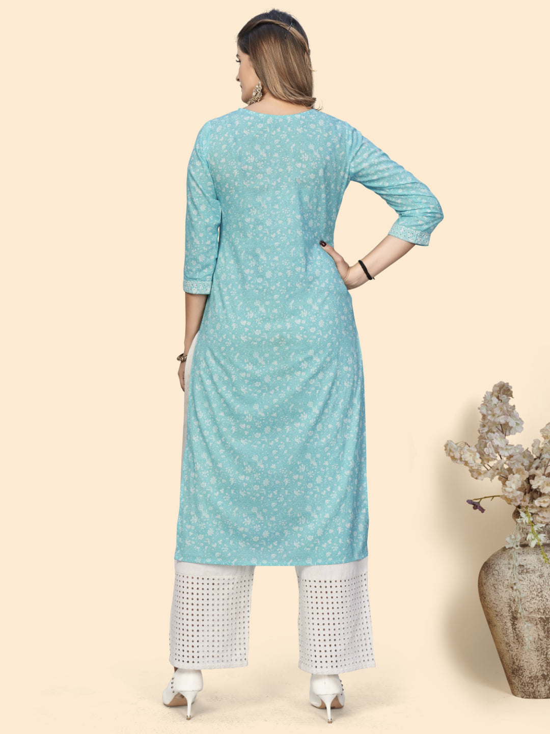 Sky Blue Embroidered Straight Cotton Kurta