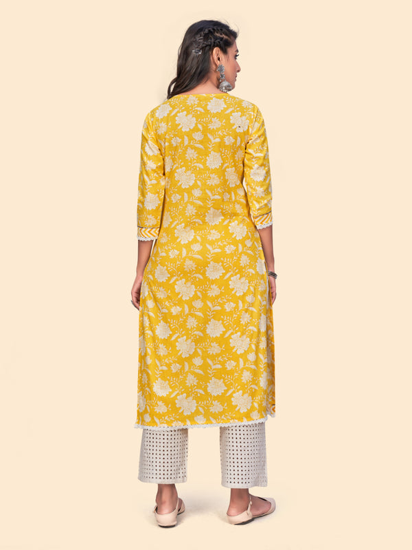 Yellow Printed Straight Cotton Kurta