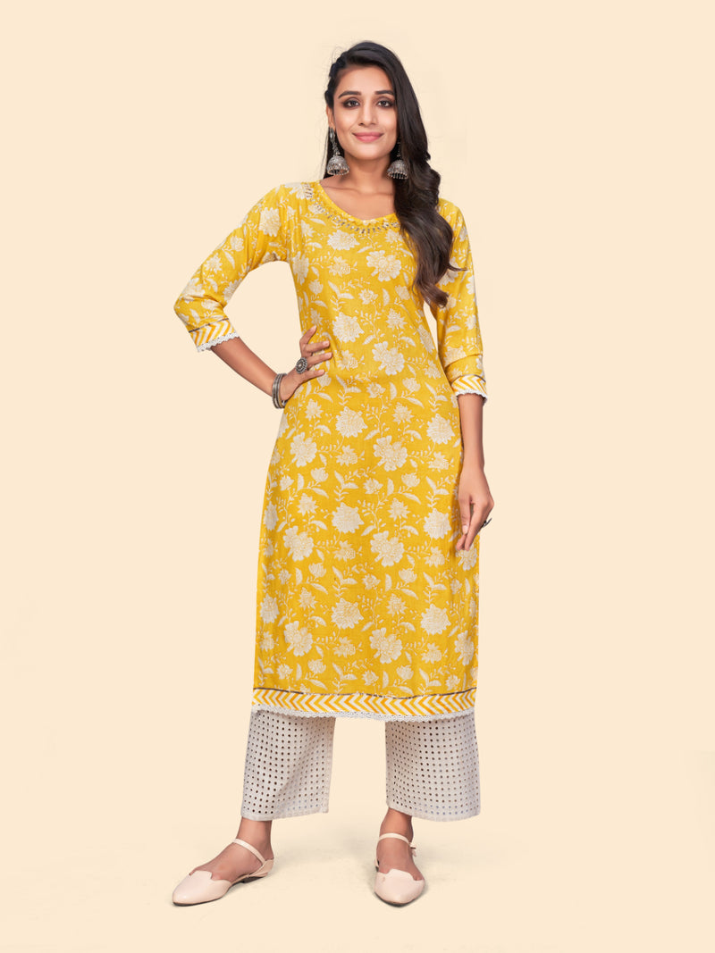 Yellow Printed Straight Cotton Kurta