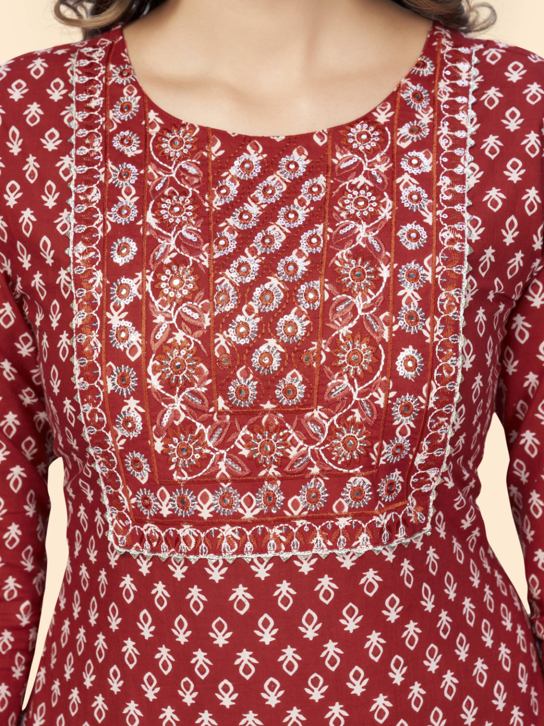 Red Embroidered Straight Cotton Kurta Set