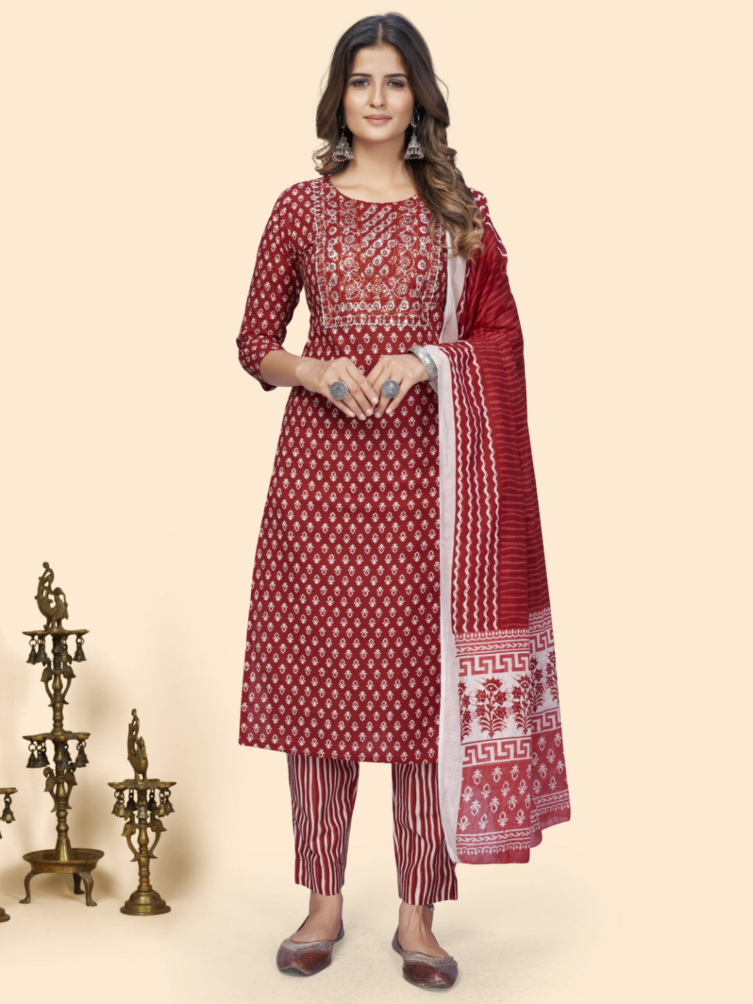 Red Embroidered Straight Cotton Kurta Set