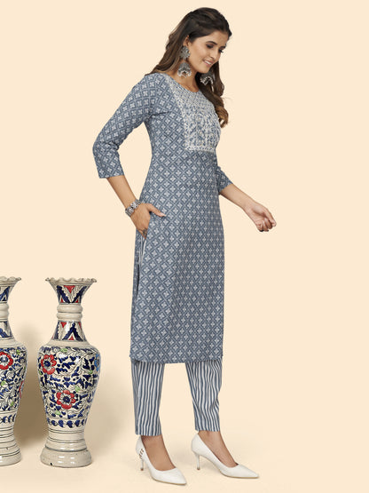 Grey Embroidered Straight Rayon Kurta Set