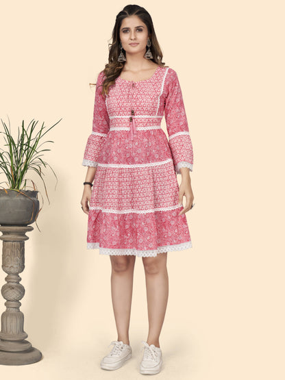 Pink Printed Flared Cotton Dress