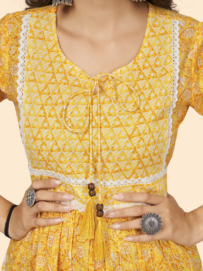 Yellow Print & Lace Work Flared Cotton Dress