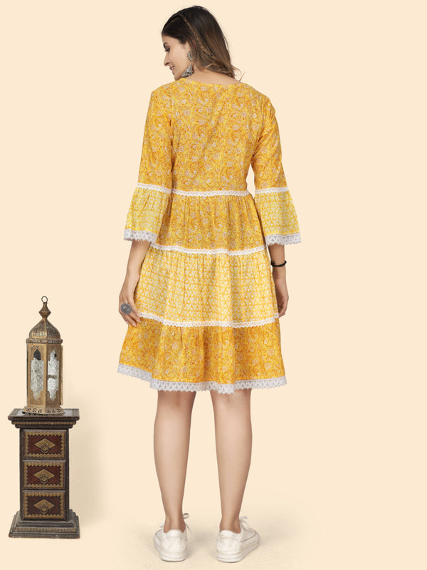 Yellow Print & Lace Work Flared Cotton Dress