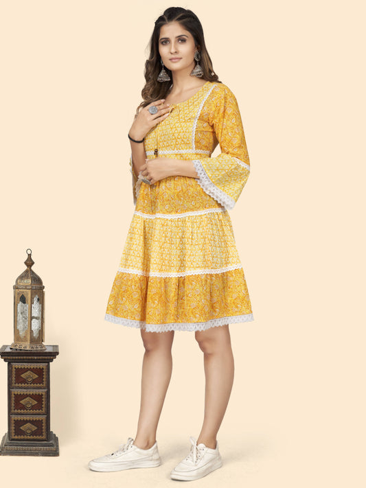 Yellow Print & Lace Work Flared Cotton Dress