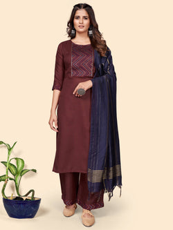 Maroon Straight Cotton Blend Kurta Set